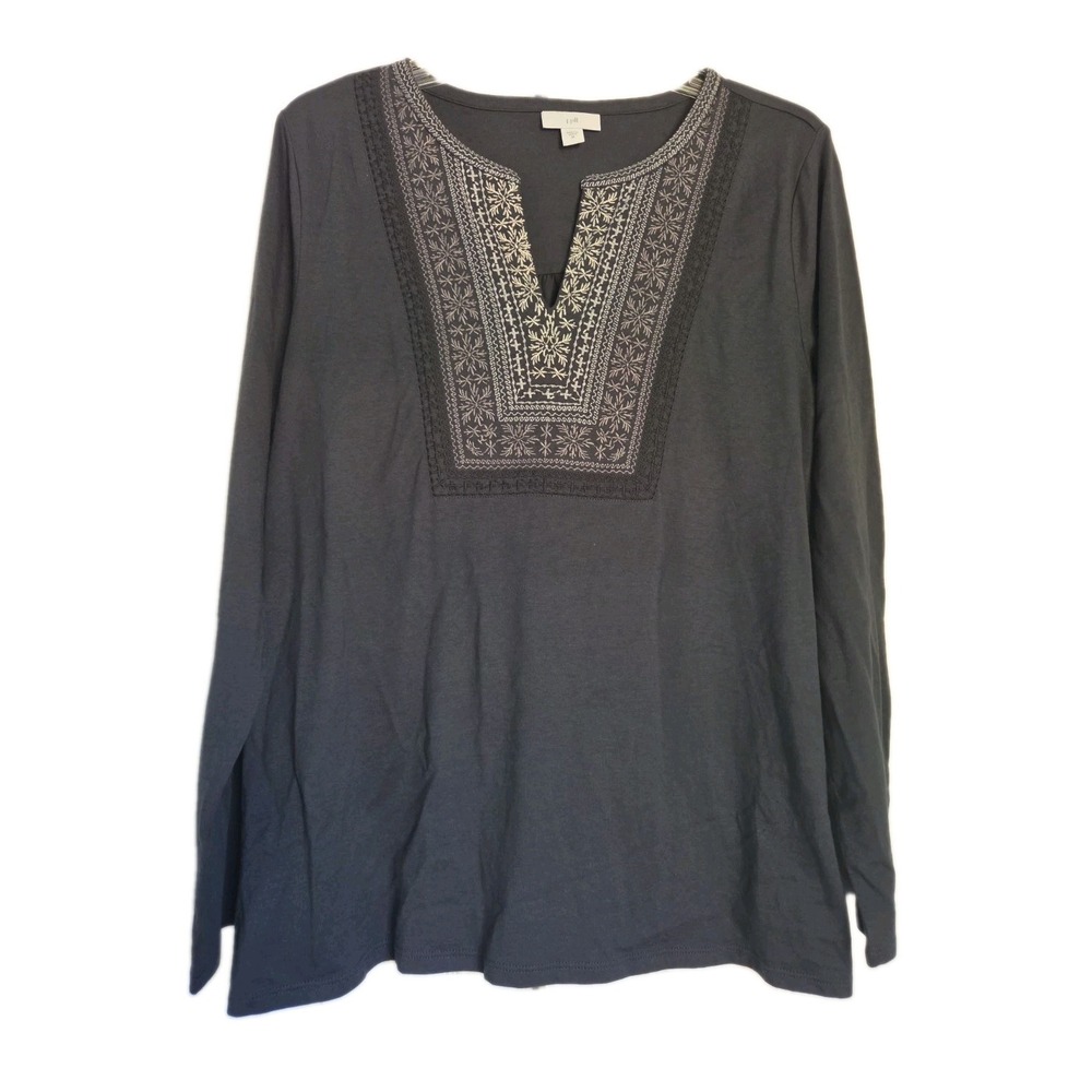 J. Jill Dark Grey knit embroidered pullover top M v-neck BOHO